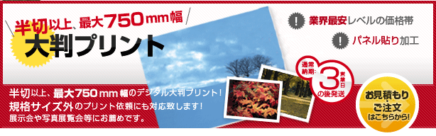 半切以上、最大1200mm幅 大判プリント 半切以上、最大1200mm幅のデジタル大判プリント!規格サイズ外のプリント依頼にも対応致します!展示会や写真展覧会等にお薦めです。 ・業界最安レベルの価格帯 ・半切¥1,190(税込) ・全紙¥1,980(税込)・パネル貼り加工 ・バナースタンド加工 ・ポスタープリント 写真 大伸ばしサービス